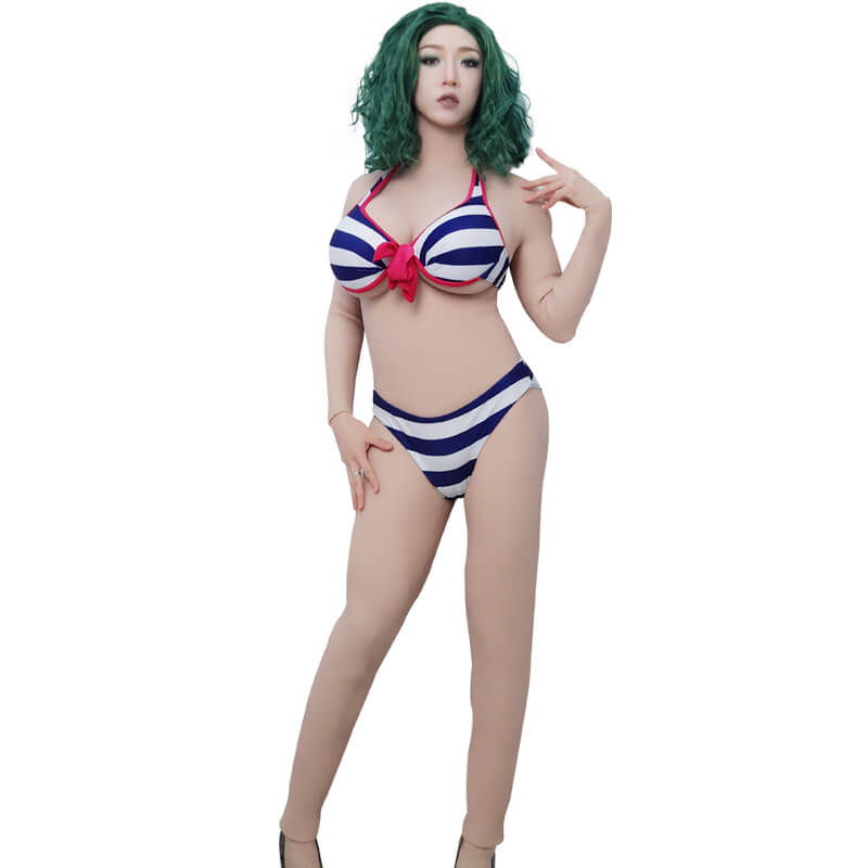 H Cup Bodysuit with Arms + May Realistic Silicone Mask + Large Silicone Hip Pads + Dark Blue Striped Knotted Halter Nautical Bikini