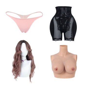 Curly long wig-JF005  + D Cup Silicone Breast Forms + Transgender Crossdresser Thong Underwear + High Waisted Underwear Body Shaper