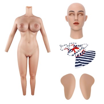 H Cup Bodysuit with Arms + May Realistic Silicone Mask + Large Silicone Hip Pads + Dark Blue Striped Knotted Halter Nautical Bikini