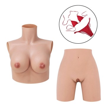 C Cup Silicone Breast Forms + Fake Vagina Pant with Anal Hole + High Red Bikini