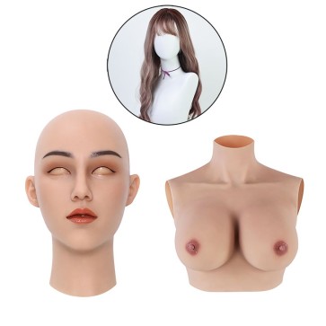 May Realistic Silicone Mask + F Cup Silicone Breast Forms + Curly Long Wig - JF006